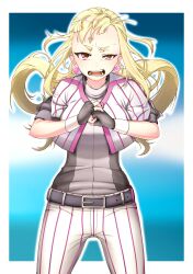  1girl baseball_uniform belt black_belt black_gloves blonde_hair border brown_eyes cinderella_series clenched_hand commentary_request fingerless_gloves floating_hair gloves hachigatsu_no_cinderella_nine hair_ornament hair_scrunchie hifumi_yuri highres long_hair looking_at_viewer low_twintails open_clothes open_mouth open_shirt outside_border own_hands_together pants pink_scrunchie renta_kita scrunchie shirt short_sleeves solo sportswear striped_clothes striped_pants striped_shirt teeth thick_eyebrows twintails vertical-striped_clothes vertical-striped_pants vertical-striped_shirt white_border 