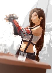  1girl absurdres bar_(place) bare_shoulders black_gloves black_hair black_skirt closed_mouth cocktail_shaker commentary counter crop_top cup earrings elbow_gloves final_fantasy final_fantasy_vii final_fantasy_vii_remake fingerless_gloves glint gloves highres holding holding_cocktail_shaker indoors jewelry jolseon long_hair low-tied_long_hair midriff motion_lines navel red_eyes single_arm_guard skirt solo suspender_skirt suspenders suspenders_gap swept_bangs tank_top tifa_lockhart upper_body white_tank_top 