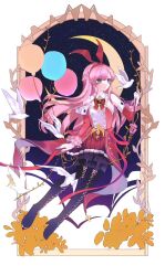  1girl animal_ear_hairband animal_ears arcaea balloon bare_shoulders bird black_boots black_pantyhose black_thighhighs boots bow bowtie closed_mouth crescent detached_collar detached_sleeves dove dress fake_animal_ears frilled_sleeves frills green_eyes hairband holding holding_balloon kou_(arcaea) layered_dress long_hair long_sleeves night pantyhose pink_hair pleated_skirt rabbit_ear_hairband rabbit_ears red_dress red_hairband red_skirt skirt sky sleeves_past_fingers sleeves_past_wrists solo strapless strapless_dress thigh-highs thigh_boots wide_sleeves yan_qing_(norayq1) 