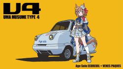  1girl absurdres age_ecureuil animal_ears belt blue_belt blue_boots blue_eyes blue_neckerchief blue_skirt blush boots braid breasts brown_hair car closed_mouth dixie_cup_hat ears_through_headwear gloves hair_between_eyes hat highres horse_ears horse_girl horse_tail looking_at_viewer medium_breasts military_hat mini_hat motor_vehicle neckerchief rainforce ridge_racer sailor_hat shirt single_glove single_sleeve single_sock skirt smile socks solo tail umamusume venus_paques_(umamusume) white_hat white_socks 