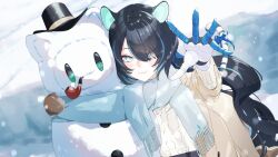  1girl absurdres animal_ears black_hair blue_bow blue_eyes blue_hair blue_scarf boots bow brown_shoes cable_knit coat commentary commission dutch_angle erina_makina fueppu gloves hair_over_one_eye hat highres long_hair looking_at_viewer makinist_(erina_makina) mechanical_arms multicolored_hair outdoors outstretched_arm outstretched_hand phase_connect scarf shared_clothes shared_scarf shoes single_glove skeb_commission smile smoking_pipe snow snowing snowman solo streaked_hair sweater tail tail_ornament tiger_ears tiger_girl tiger_tail top_hat two-tone_hair virtual_youtuber white_sweater winter_clothes winter_coat 