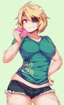  1girl blonde_hair breasts doughnut eating eyepatch hand_on_hip large_breasts looking_at_viewer original red_eyes scar short_hair short_shorts shorts solo t-shirt zako_(arvinry) 