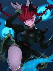  1girl animal_ears black_bow bow braid breasts cat_ears cat_girl cat_tail closed_mouth commentary_request dress extra_ears frilled_dress frills green_dress hair_bow highres hitodama juliet_sleeves kaenbyou_rin legs long_hair long_sleeves looking_at_viewer multiple_tails neon_(co2co8) pointy_ears puffy_sleeves red_eyes red_hair side_braids simple_background solo tail touhou twin_braids two_tails 
