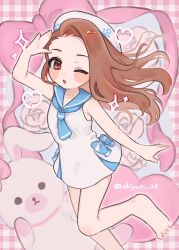  1girl :o armpits asymmetrical_bangs barefoot blue_neckerchief blue_ribbon blue_sailor_collar blush_stickers breasts brown_hair chiyuri_(hryx2477) commentary_request floating_hair flower foot_out_of_frame gingham_background hand_up heart highres idolmaster idolmaster_(classic) idolmaster_million_live! idolmaster_million_live!_theater_days looking_at_viewer minase_iori neckerchief one-piece_swimsuit one_eye_closed pink_background pink_flower pink_rose red_eyes ribbon rose sailor_collar sailor_one-piece_swimsuit small_breasts solo sparkle standing stuffed_animal stuffed_rabbit stuffed_toy swimsuit toes twitter_username 