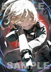  1girl aiming blonde_hair commentary_request evil_smile gloves goggles goggles_around_neck gradient_eyes gun hair_between_eyes long_sleeves looking_at_viewer medium_hair military_uniform multicolored_eyes official_art pink_eyes rifle sample_watermark smile solo tanya_degurechaff teeth watermark weapon white_gloves yellow_eyes youjo_senki 