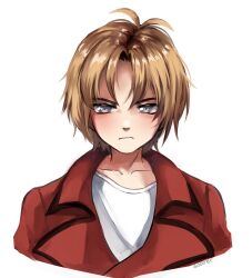  1boy collarbone commentary cropped_torso english_commentary grey_eyes highres jacket looking_at_viewer majin_tensei megami_tensei miroku_asuka red_jacket ronde_(majin_tensei) serious shirt short_hair simple_background soarer solo undershirt upper_body watermark white_background white_shirt 