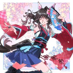  1girl animal_ears arm_wrap blue_kimono bridal_gauntlets brown_hair butterdaal chest_sarashi commentary_request detached_sleeves ear_covers flower folded_fan folding_fan hand_fan highres horse_ears horse_girl horse_tail japanese_clothes kimono leg_wrap long_hair looking_at_viewer obi obiage orchid outside_border phalaenopsis_(racing)_(umamusume) phalaenopsis_(umamusume) pleated_skirt sarashi sash sidelocks skirt smile solo tail umamusume wide_sleeves 