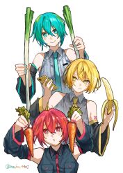  3girls akita_neru aqua_hair aqua_necktie aqua_trim artist_name banana banana_peel bare_shoulders black_sleeves blonde_hair carrot cellphone flip_phone food fruit grey_shirt hatsune_miku highres holding holding_carrot holding_food holding_fruit holding_spring_onion holding_vegetable kasane_teto maaka_4441 medium_hair multiple_girls necktie phone red_hair red_trim shirt sleeveless spring_onion triple_baka_(group) utau vegetable vocaloid white_background yellow_necktie 
