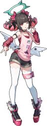  1girl aria_(human)_(zenless_zone_zero) aria_(zenless_zone_zero) arm_belt arm_warmers bare_shoulders black_bow black_choker black_hair black_sandals black_shorts bow character_print choker colored_inner_hair footwear_bow full_body gyaru_v hair_bow halo hand_up high_heel_sandals high_heels highres legband looking_at_viewer medium_hair multicolored_hair nangong_yu nangong_yu_(heartfelt_support) official_alternate_costume official_art open_mouth pink_bow pink_hair pink_sandals platform_sandals red_arm_warmers red_bow red_eyes red_nails sandals shorts simple_background sleeveless smile solo standing striped_arm_warmers sunna_(zenless_zone_zero) thigh-highs toeless_legwear transparent_background two-tone_hair two-tone_sandals v white_thighhighs white_wings wings x_(symbol) zenless_zone_zero 