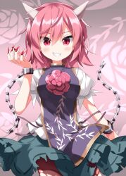  1girl blush breasts chain commentary_request cuffs fingernails flower green_skirt grin hair_between_eyes highres ibaraki_douji's_arm long_fingernails medium_breasts medium_hair pink_background pink_eyes pink_flower pink_hair pink_rose puffy_short_sleeves puffy_sleeves purple_tabard red_nails ribbon-trimmed_skirt ribbon_trim rose ruu_(tksymkw) shackles shirt short_sleeves skirt smile solo tabard touhou vine_print white_shirt 