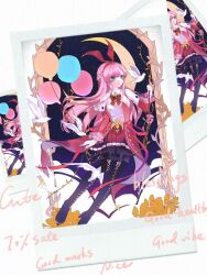  1girl animal_ear_hairband animal_ears arcaea balloon bare_shoulders bird black_boots black_pantyhose black_thighhighs boots bow bowtie closed_mouth crescent detached_collar detached_sleeves dove dress fake_animal_ears frilled_sleeves frills green_eyes hairband holding holding_balloon kou_(arcaea) layered_dress long_hair long_sleeves night pantyhose photo_(object) pink_hair pleated_skirt postcard rabbit_ear_hairband rabbit_ears red_dress red_hairband red_skirt skirt sky sleeves_past_fingers sleeves_past_wrists strapless strapless_dress thigh-highs thigh_boots wide_sleeves yan_qing_(norayq1) 