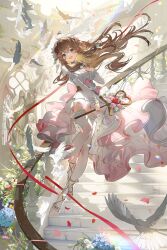  1girl a-soul ahoge bird blue_eyes brown_hair diana_(a-soul) dove dress frilled_dress frills hair_between_eyes hair_ornament highres long_hair looking_at_viewer open_mouth petals smile solo stairs strappy_heels thigh-highs white_thighhighs 