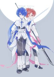  1boy 1girl absurdres alternate_costume arknights black_pants black_shoes blue_eyes blue_gloves blue_hair brown_hair chinese_commentary commentary_request full_body gloves grey_background hair_over_one_eye halo highres holding holding_polearm holding_sword holding_weapon long_sleeves looking_at_viewer looking_back official_alternate_costume pants persona persona_3 persona_3_portable polearm profile red_eyes shiomi_kotone shirt shoes short_hair side-by-side smile spear standing sword weapon white_shirt wo_shi_yi_ge_cuiruo_de_huangdi yuuki_makoto_(in_witness_of_glory)_(persona_3) yuuki_makoto_(persona_3) 
