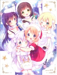  4girls :< :d ;< ;d absurdres alternate_costume angora_rabbit animal_ears arm_garter beret blonde_hair blue_eyes blunt_bangs blush box brown_hair christmas christmas_ornaments cup detached_collar dress fake_animal_ears fake_antlers floppy_ears fur-trimmed_dress fur-trimmed_headwear fur_collar fur_trim fur_wrist_cuffs gift gift_box gochuumon_wa_usagi_desu_ka? green_eyes hat highres holding holding_cup holding_gift hoto_cocoa kafuu_chino kirima_syaro knees koi_(koisan) long_hair lop_rabbit_ears mary_janes medium_hair multiple_girls non-web_source one_eye_closed orange_hair outstretched_arm pom_pom_(clothes) purple_hair rabbit rabbit_ears red_dress red_hat santa_costume santa_dress santa_hat scan shoes short_hair smile star_(symbol) tareme tedeza_rize textless_version thigh-highs tippy_(gochiusa) ujimatsu_chiya violet_eyes white_dress white_hair white_thighhighs wrist_cuffs 