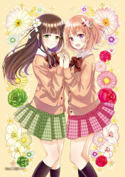  2girls :d alternate_costume artist_request black_socks blush bow bowtie brown_bow brown_bowtie brown_cardigan brown_hair cardigan feet_out_of_frame floral_background flower flower-shaped_pupils flower_request gochuumon_wa_usagi_desu_ka? green_eyes green_skirt hair_flower hair_ornament hairclip hands_up highres holding_hands hoto_cocoa kneehighs knees light_blush long_hair looking_at_viewer medium_hair multiple_girls non-web_source official_art orange_hair parallel_hairclips pink_flower pink_skirt pleated_skirt scan skirt smile socks standing symbol-shaped_pupils ujimatsu_chiya 