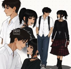 1boy 1girl artist_name backpack bag black_bag black_boots black_hair black_lips black_shirt black_shoes blue_pants blush book boots choker collared_shirt commentary cross cross_earrings cross_necklace earrings eren_yeager full_body goth_fashion grey_eyes hands_in_pockets hetero highres holding holding_book jewelry leaning_forward looking_at_another medium_hair mikasa_ackerman multiple_earrings multiple_necklaces multiple_rings multiple_views necklace official_alternate_costume official_alternate_hairstyle pants parted_lips plaid_clothes plaid_skirt red_skirt ring shingeki_no_kyojin shingeki_no_school_castes shirt shoes short_hair short_twintails sidelocks skirt sneakers studded_choker studs sumiensp twintails untranslatable_commentary upper_body walking watch watch white_background white_shirt 