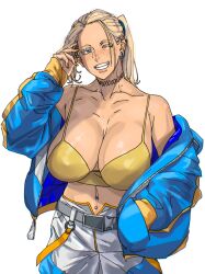  1girl belt blonde_hair blue_eyes blue_jacket blue_ribbon breasts choker commentary_request cowboy_shot earrings grin hand_in_own_hair hands_in_pockets highres jacket jacket_partially_removed jewelry large_breasts mattsun_(lyohei) mole mole_on_neck multiple_earrings natalie_(mattsun) navel_piercing one_eye_closed open_clothes open_jacket orange_nails original partially_unzipped piercing ponytail ribbon smile solo tank_top white_background yellow_tank_top 