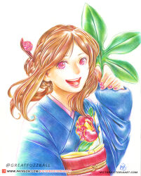  1girl :d artist_name blue_kimono brown_hair colored_pencil_(medium) commentary english_commentary floral_print floral_print_kimono greatfuzzball hair_bun hair_ornament hair_stick holding holding_leaf japanese_clothes kakuriyo_no_yadomeshi kimono leaf long_hair long_sleeves pink_eyes pink_nails print_kimono smile traditional_media tsubaki_aoi upper_body web_address 