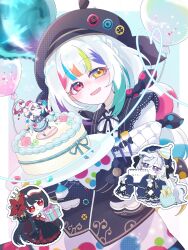  3girls balloon beret black_hat black_jacket book_off bow cake character_charm charm_(object) chibi chibi_inset collared_shirt colored_tips commentary_request contrast_collar food hair_bow hat heart_balloon heterochromia highres holding holding_cake holding_food jacket jacket_partially_removed jogasaki_noah kotokoto_(555555351o) long_hair long_sleeves looking_at_viewer mahou_shoujo_no_majo_saiban multi-tied_hair multicolored_eyes multicolored_hair multiple_girls natsume_an-an neck_ribbon nikaido_hiro off_shoulder official_alternate_costume outline paintbrush polka_dot polka_dot_bow polka_dot_skirt red_eyes ribbon shirt skirt smile streaked_hair upper_body white_hair white_outline white_shirt yellow_eyes 