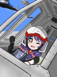  1girl 311dhike :d ;d aircraft airplane black_gloves black_trim blue_sky bolt_(hardware) bow clear_sky cockpit commentary commission day dutch_angle fighter_jet fingerless_gloves flying gloves grey_jacket guts_eagle_alpha guts_eagle_beta guts_eagle_gamma hair_bow hair_ornament hand_up helmet highres jacket long_hair long_sleeves looking_at_viewer military_vehicle multicolored_jacket one_eye_closed open_mouth orange_eyes outdoors piloting pink_bow pixiv_commission precure purple_hair red_jacket red_trim sitting sky smile solo super_global_unlimited_task_squad_uniform suzumura_sango swept_bangs thumbs_up tokusatsu tropical-rouge!_precure two-tone_jacket ultra_series ultraman_dyna_(series) white_helmet 