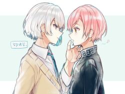  1boy 1girl black_jacket blue_necktie cardigan closed_mouth collared_shirt commentary_request crossdressing crossdressing_(ftm) eighth_note eye_contact from_side gakuran grey_eyes hand_on_another's_cheek hand_on_another's_face jack_jeanne jacket long_sleeves looking_at_another musical_note necktie pink_hair profile school_uniform shirota_mitsuki shirt short_hair tachibana_kisa tears. translation_request upper_body white_shirt yellow_cardigan yellow_eyes 