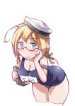  1girl blonde_hair book breasts cleavage glasses hat i-8_(kantai_collection) kantai_collection mousoup personification school_swimsuit solo swimsuit thighhighs 