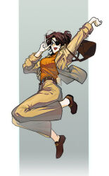  1girl arm_behind_head bag belt border breasts brown_bag brown_belt brown_hair brown_jacket brown_pants brown_shoes commentary_request eyepatch glasses grey_background hange_zoe highres jacket jumping korean_commentary medium_breasts medium_hair midair mimisura_nisura open_mouth orange_sweater pants parted_bangs pillarboxed pointing pointing_up ponytail ribbed_sweater shingeki_no_kyojin shoes shoulder_bag smile solo sweater white_border 