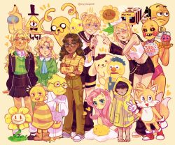  6+boys 6+girls adventure_time adventure_time_(comic) alphys among_us animatronic antlers artist_name ascot banana_peel bee_(minecraft) bib bill_cipher blonde_hair blue_ascot brother_and_sister brown_hair color_connection colored_skin commentary crewmate_(among_us) crossover cupcake cupcake_(fnaf) dark-skinned_female dark_skin deer_antlers deer_girl deltarune dog don't_hug_me_i'm_scared dress earl_of_lemongrab emoji five_nights_at_freddy's five_nights_at_freddy's_2 flower flowey_(undertale) fluttershy food fox_boy fruit glasses gravity_falls green_dress gudetama highres ib_(kouri) jake_the_dog lemon little_nightmares mary_(ib) mechanical_neck monster monster_kid_(undertale) multiple_crossover my_little_pony my_little_pony:_friendship_is_magic myyoupink noelle_holiday pegasus plants_vs._zombies pompompurin priya_(turning_red) raincoat sanrio sentient_plant siblings simple_background six_(little_nightmares) sonic_(series) sunflower sunflower_(plants_vs._zombies) tails_(detective)_(sonic) tails_(sonic) toy_chica turning_red twins undertale untranslatable_commentary utdr_(toby_fox) yellow_(among_us) yellow_background yellow_dog yellow_guy_(dhmis) yellow_raincoat yellow_skin yellow_theme 