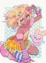  1girl :d ahoge arm_up arm_warmers asymmetrical_legwear bandaid bandaid_on_knee bandaid_on_leg bare_shoulders belt blonde_hair blue_eyes blush boots border bow canariadraw choker collarbone commentary_request commission dark-skinned_female dark_skin decora fang flat_chest frilled_skirt frills full_body gradient_hair gyaru hair_bow hair_ornament hairclip hand_up heart heart_choker heart_hair_ornament highres holding holding_wand jewelry leg_warmers looking_at_viewer loose_socks mismatched_legwear multicolored_eyes multicolored_hair nail_polish off-shoulder_shirt off_shoulder open_mouth original pastel_colors pink_choker pink_hair pink_socks plaid_clothes plaid_skirt pointy_ears polka_dot polka_dot_background scrunchie shirt shoes short_hair short_sleeves short_twintails simple_background single_thighhigh sitting skeb_commission skirt smile socks solo sparkle sparkling_eyes star-shaped_pupils star_(symbol) star_hair_ornament sticker sticker_on_face streaked_hair striped_clothes striped_socks striped_thighhighs symbol-shaped_pupils tan teeth thigh-highs thigh_strap twintails two-tone_hair two_side_up v wand wariza wrist_cuffs wrist_scrunchie wristband yellow_nails 