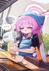  1boy 1girl alternate_costume apron bandana black_hair black_shirt blue_apron blue_archive blue_archive_the_animation blue_bandana brown_eyes capry carrot egg egg_yolk eggshell electric_kettle halo highres holding holding_kettle hoshino_(blue_archive) indoors instant_cup_noodles instant_noodles kettle kitchen_knife knife ladle long_hair looking_at_another pink_hair pink_halo plant potted_plant sensei_(blue_archive) sensei_(blue_archive_the_animation) shirt short_hair smile whisk 