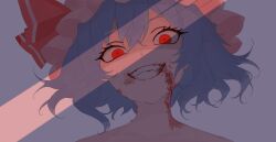  1girl absurdres bare_shoulders blood blood_from_mouth blood_on_face blood_on_neck collarbone commentary frilled_hat frills hat hat_ribbon highres looking_at_viewer mob_cap nekoffien parted_lips pink_hat purple_hair red_eyes red_ribbon remilia_scarlet ribbon sanpaku short_hair smile solo touhou variant_set 