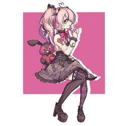  1girl ahoge asymmetrical_legwear black_corset black_shirt black_shoes black_thighhighs border bow bowtie brown_skirt chinese_commentary collared_shirt commentary_request corset cropped_jacket cup dress_shirt drop_shadow eyepatch familiar frilled_shirt_collar frilled_skirt frilled_sleeves frills hair_over_one_eye hand_up heart heart_ahoge high_heels holding holding_cup invisible_chair jacket kebsoi1 long_sleeves looking_at_viewer maria_marionette maria_marionette_(1st_costume) medium_hair multicolored_hair nijisanji nijisanji_en open_mouth outside_border pink_background pink_bow pink_bowtie pink_hair plaid_clothes plaid_skirt pumps purple_streaks purple_thighhighs shirt shoes side_ponytail sir_ventrilo_(maria_marionette) sitting skirt solo_focus streaked_hair striped_clothes striped_thighhighs stuffed_animal stuffed_rabbit stuffed_toy thigh-highs vertical-striped_clothes vertical-striped_thighhighs violet_eyes virtual_youtuber white_border white_jacket 