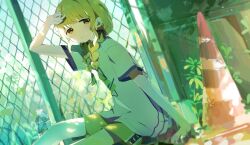  absurdres black_bow blonde_hair bottle bow braid chain-link_fence commentary_request fence fujita_kotone gakuen_idolmaster hand_up highres idolmaster looking_to_the_side namae_kimaranai nature on_ground outdoors oversized_clothes plastic_bottle shirt shorts sitting sunlight sweat traffic_cone twin_braids water_bottle 