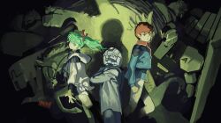  1girl 2boys absurdres alpha_azieru amuro_ray bird black_jacket black_pants blue_eyes blue_hair blue_jacket brown_hair char's_counterattack closed_mouth dress earth_federation fin_funnels green_hair gundam gyunei_guss helmet highres horse insignia jacket jagd_doga_gyunei_custom light_smile long_sleeves looking_at_viewer mecha military_uniform mobile_armor mobile_suit multiple_boys neo_zeon nu_gundam pants pilot_helmet quess_paraya re-gz robot shadow short_hair space_helmet swan twintails twitter_username ummsm_88 uneven_twintails v-fin violet_eyes white_dress white_pants 