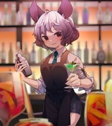  1girl alternate_costume animal_ears apron artist_name bar_(place) black_shorts blurry brown_apron cocktail cocktail_glass cocktail_shaker collared_shirt commentary_request commission cup dated depth_of_field drinking_glass green_necktie grey_hair highres holding holding_cocktail_shaker long_sleeves looking_at_viewer mouse_ears mouse_girl mouse_tail nazrin necktie open_mouth red_eyes shirt short_hair shorts skeb_commission smile solo tail tami_(joemanyodw) touhou white_shirt 