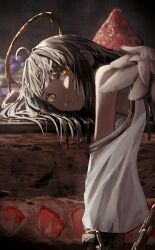  1girl absurdres ahoge angel black_hair chain cokei commentary_request dark-skinned_female dark_skin feathered_wings food fruit halo highres long_hair looking_at_viewer original solo strawberry symbol-shaped_pupils wings yellow_eyes 