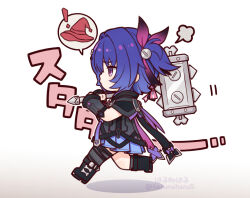  ! 1girl arm_warmers artist_name asymmetrical_legwear black_arm_warmers black_boots black_capelet black_dress black_ribbon black_thighhighs blush boots capelet chibi chibi_only closed_mouth commentary_request dress genshin_impact gradient_ribbon hair_between_eyes hair_intakes hair_ornament hair_ribbon hairclip hammer hands_up haruneharu holding holding_hammer kneehighs one_side_up pink_ribbon pleated_dress profile prune_(genshin_impact) puff_of_air purple_hair purple_ribbon ribbon running screw_hair_ornament short_hair simple_background single_kneehigh single_sock single_thighhigh sleeveless sleeveless_dress socks solo speech_bubble spoken_object thigh-highs translation_request twitter_username violet_eyes white_background 