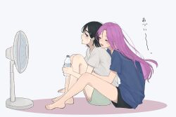  2girls alien_stage black_hair blush bottle closed_eyes commentary hair_ornament hairclip hot hozu_2083 long_hair mizi_(alien_stage) multiple_girls pink_hair short_hair short_sleeves shorts simple_background sitting sua_(alien_stage) thick_eyebrows violet_eyes water_bottle white_background 