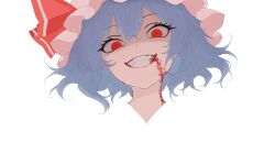  1girl absurdres blood blood_from_mouth blood_on_face blood_on_neck commentary frilled_hat frills hat hat_ribbon highres looking_at_viewer mob_cap nekoffien parted_lips pink_hat purple_hair red_eyes red_ribbon remilia_scarlet ribbon sanpaku short_hair simple_background smile solo touhou variant_set white_background 