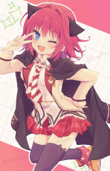  1girl :d ;d animal_print black_coat black_thighhighs blush cat_print coat coat_on_shoulders collared_shirt commentary_request cross-laced_shoes diagonal-striped_clothes diagonal-striped_necktie fang foot_out_of_frame hair_intakes hanasaki_work_spring hand_on_own_hip hand_up happy highres jacket konoquro looking_at_viewer medium_hair miniskirt necktie one_eye_closed open_clothes open_jacket open_mouth orange_shoes outline plaid_clothes plaid_skirt pleated_skirt print_thighhighs red_background red_hair red_skirt school_uniform shirt shoes simple_background skin_fang skirt smile solo soramori_wakaba sparkle standing standing_on_one_leg striped_clothes striped_necktie thigh-highs twitter_username two-tone_background v v_over_eye white_background white_outline white_shirt yellow_jacket zettai_ryouiki 