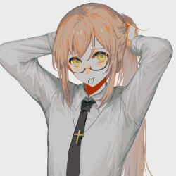  1boy androgynous arms_up black_necktie blonde_hair collared_shirt commentary_request cross cross_necklace degrees_of_lewdity dot_nose double-parted_bangs hair_tie_in_mouth highres jewelry long_hair long_sleeves looking_at_viewer male_focus mouth_hold necklace necktie ponytail shirt simple_background solo sunoom09 sydney_(degrees_of_lewdity) sydney_(male)_(degrees_of_lewdity) tying_hair upper_body white_background white_shirt yellow_eyes 