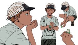  1boy ^_^ animal baseball_cap brown_hair closed_eyes frog grey_shirt gyoi_0_0 hat head_on_hand head_rest highres holding holding_animal holding_frog male_focus multiple_views original profile shirt short_hair short_sleeves shorts squatting tongue tongue_out white_background 