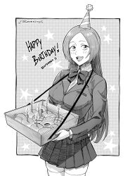  1girl bleach blush border bow bowtie breasts candle collared_shirt dated doughnut food greyscale happy_birthday hat highres inoue_orihime jacket karakura_high_school_uniform large_breasts long_hair looking_at_viewer monochrome open_mouth parted_bangs party_hat pleated_skirt school_uniform screentones september seveninks shirt skindentation skirt smile solo suit_jacket teeth thigh-highs twitter_username upper_teeth_only white_border white_thighhighs 