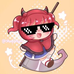  1girl blush brown_shoes chibi commentary demon_costume english_commentary full_body highres onozuka_komachi open_mouth orange_background photo-referenced pixel_sunglasses roblox scythe sharpbraids shoes solo star_(symbol) sunglasses touhou twitter_username two_side_up variant_set 