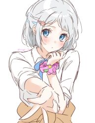  1girl blue_eyes blue_ribbon blue_streaks blush braid brown_jacket closed_mouth clothes_around_waist collared_shirt commentary_request flower flower_pin gakuen_idolmaster hair_ornament hairclip highres idolmaster jacket jacket_around_waist katsuragi_lilja multicolored_hair nagi_7g parted_bangs pink_flower pink_scrunchie ribbon scrunchie shirt short_hair side_braid sleeves_rolled_up streaked_hair watermark white_background white_hair white_shirt wrist_scrunchie 