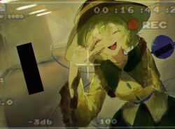  1girl backrooms_(creepypasta) bar_censor black_hat buttons camera_pov ceiling_light censored chromatic_aberration closed_eyes commentary diamond_button disembodied_linked_eye eyeball film_grain fluorescent_lamp frilled_shirt_collar frilled_sleeves frills green_hair green_skirt hallway hat hat_ribbon heart heart_of_string highres horror_(theme) keikeikeicha komeiji_koishi liminal_space ribbon shirt skirt smile touhou v vhs_artifacts wide_sleeves yellow_ribbon yellow_shirt 