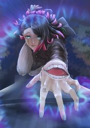  1boy absurdres aqua_eyes black_hair black_jacket commentary_request demon_boy enmu_(kimetsu_no_yaiba) extra_mouth hand_mouth highres jacket kimetsu_no_yaiba long_hair nail_polish night outdoors red_hair ryosei_0207 solo symbol-shaped_pupils train 