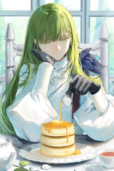  1other absurdres black_gloves closed_mouth commentary_request cup enkidu_(celebratory_attire)_(fate) enkidu_(fate) fate/grand_order fate_(series) food fork gloves green_eyes green_hair head_rest highres holding holding_cup kettle light_smile long_hair long_sleeves pancake pancake_stack pouring puffy_long_sleeves puffy_sleeves shirt sitting solo syrup teacup tobi_(pixiv41237754) upper_body white_shirt 