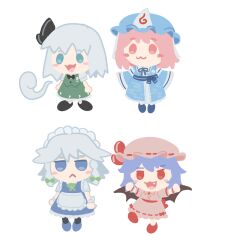  4girls :< :3 apron bat_wings black_bow black_bowtie black_hairband blue_dress blue_eyes blue_hair blue_hat blue_kimono blue_ribbon blush_stickers bow bowtie braid chibi chibi_only chinese_commentary closed_mouth collared_shirt commentary_request dress fang frilled_kimono frills green_bow green_skirt green_vest grey_hair hair_bow hairband hat hat_ribbon hitodama izayoi_sakuya japanese_clothes kimono konpaku_youmu konpaku_youmu_(ghost) long_hair long_sleeves looking_at_viewer maid maid_headdress mob_cap multiple_girls neck_ribbon pinafore_dress pink_eyes pink_hair pink_hat pink_shirt pink_skirt red_eyes remilia_scarlet ribbon saigyouji_yuyuko shirt simple_background skirt skirt_set sleeve_garter sleeveless sleeveless_dress smile sukey_four touhou triangular_headpiece twin_braids vest waist_apron white_apron white_background white_shirt wide_sleeves wings 