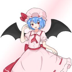  1girl ascot back_bow bat_wings blue_hair bow collared_shirt commentary_request frilled_shirt_collar frilled_skirt frills hat hat_bow highres holding_own_skirt mob_cap pink_hat pink_shirt pink_skirt puffy_short_sleeves puffy_sleeves red_ascot red_bow red_eyes remilia_scarlet ribbon-trimmed_skirt ribbon_trim shirt short_sleeves skirt skirt_set solo touhou vold wings 